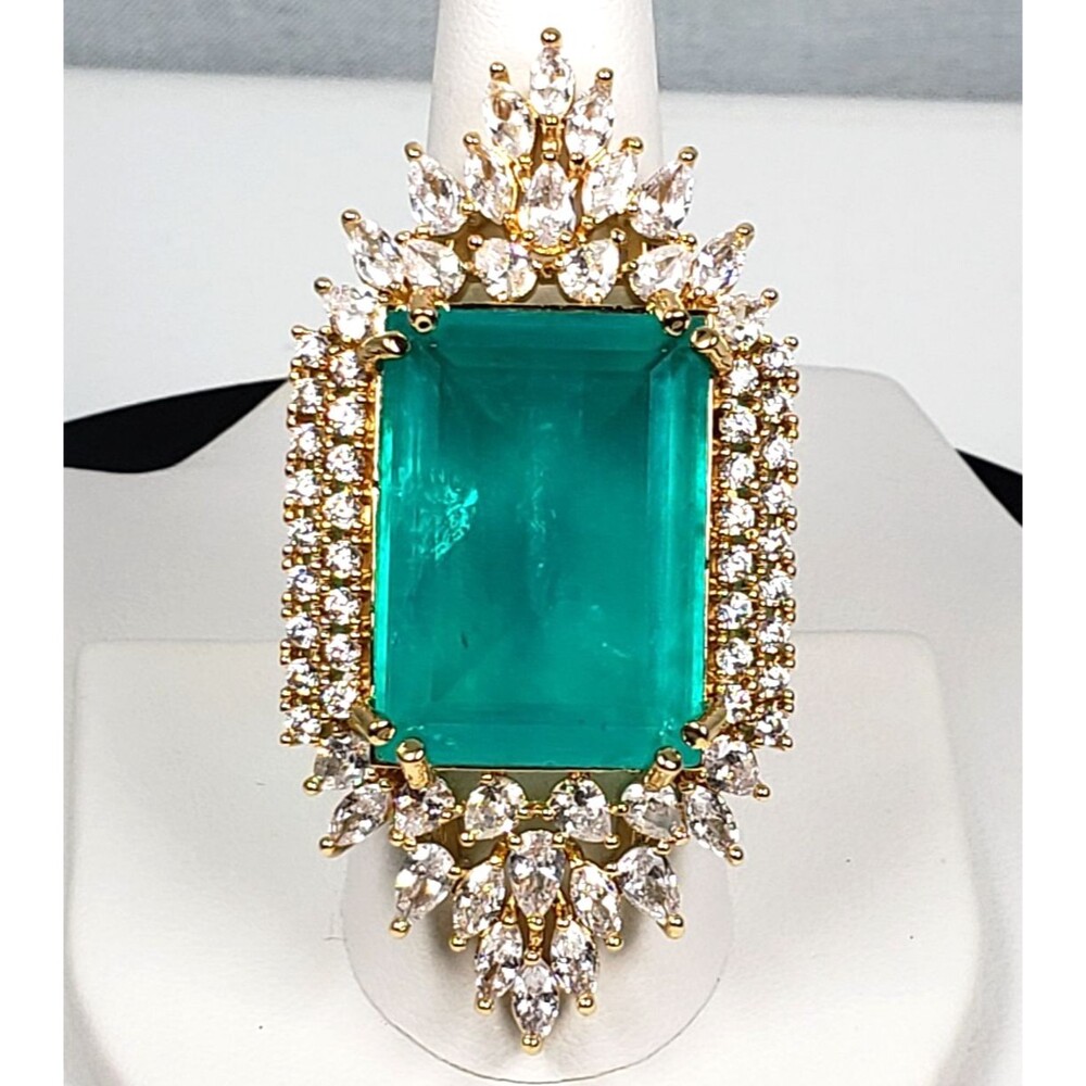 Signed Princess Doublet Natural Emerald with CZ 18KGL Size 9 Cocktail Ring - Picture 2 of 16